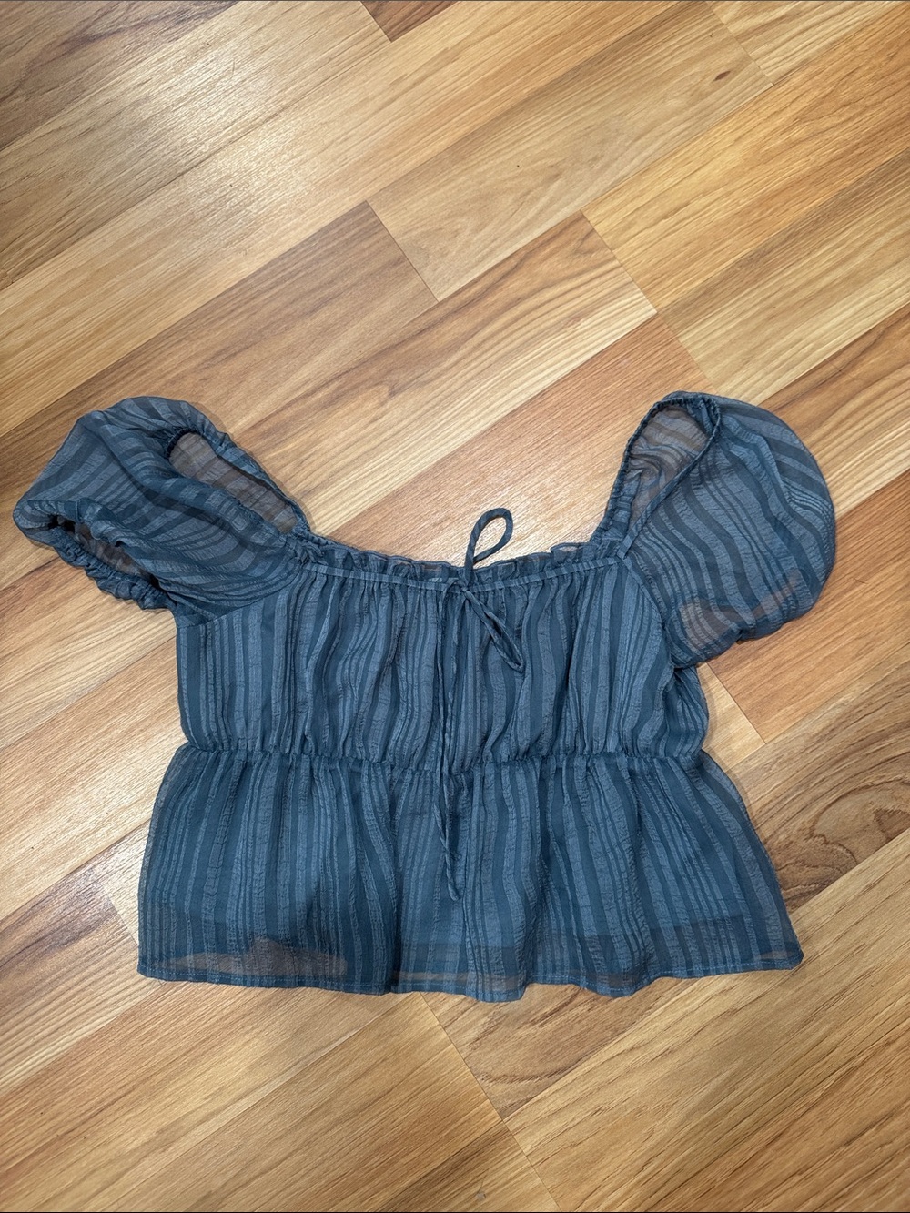 La Hearts Sheer Slate Blue Smocked Sheer Peplum Crop Top